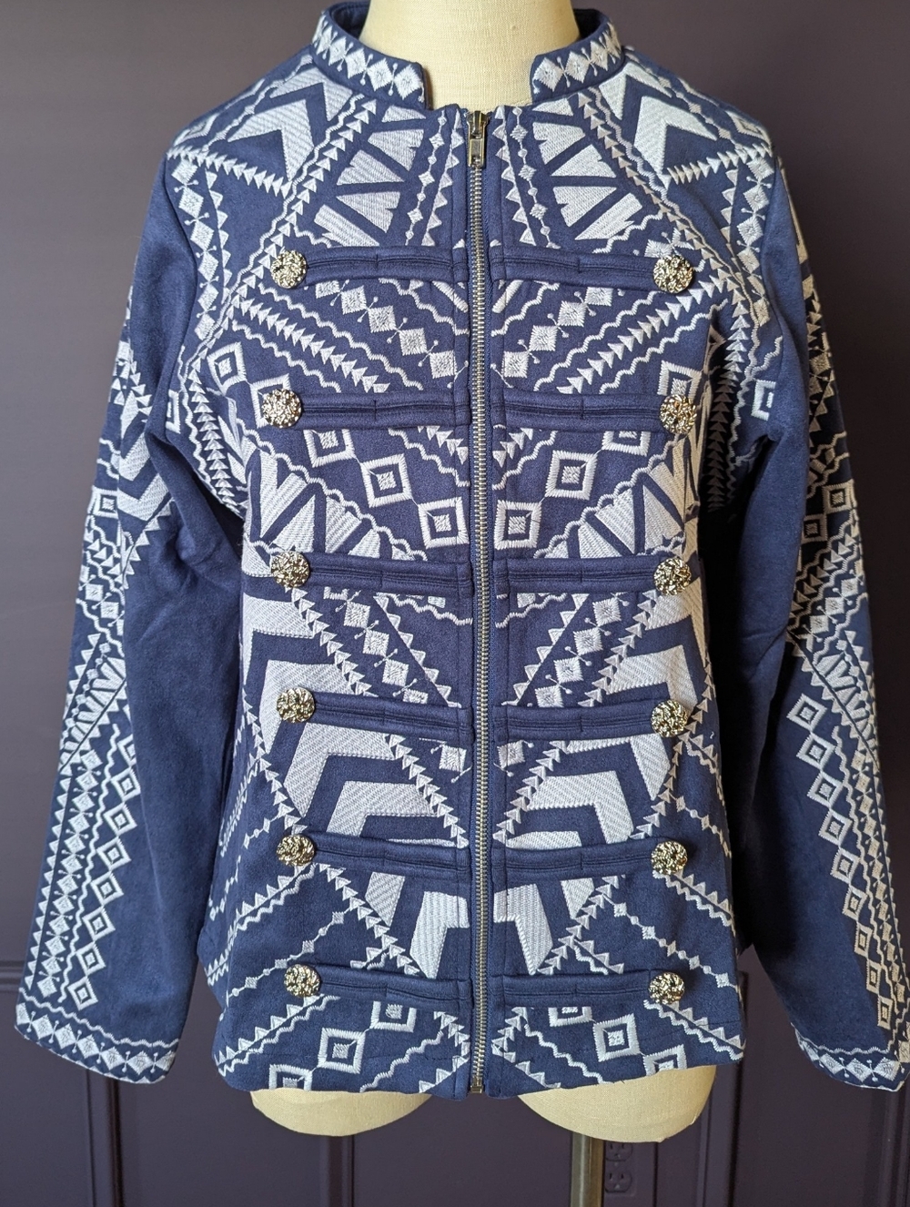 Savanna Jane Navy & White Embroidered Bomber Jacket - Picture 2 of 6